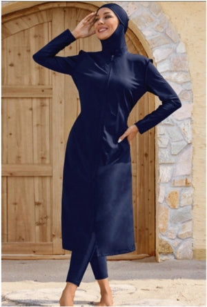 Front view of women's navy full-coverage modest swimwear with hijab, long tunic and leggings