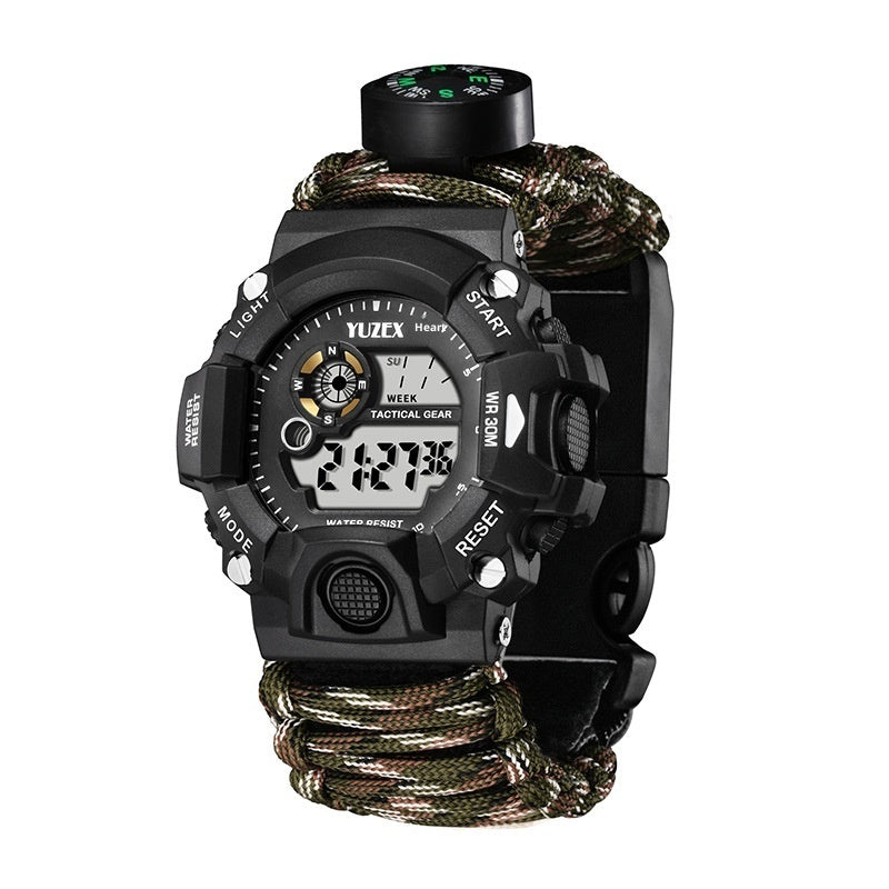 Multifunctional Survival Paracord Bracelet with Compass, Whistle, Fire Starter, and Waterproof Watch