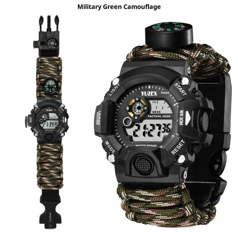 Multifunctional Survival Paracord Bracelet with Compass, Whistle, Fire Starter, and Waterproof Watch
