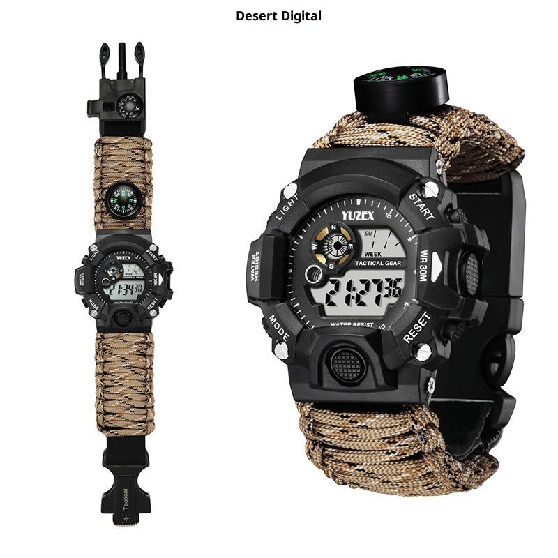 Multifunctional Survival Paracord Bracelet with Compass, Whistle, Fire Starter, and Waterproof Watch