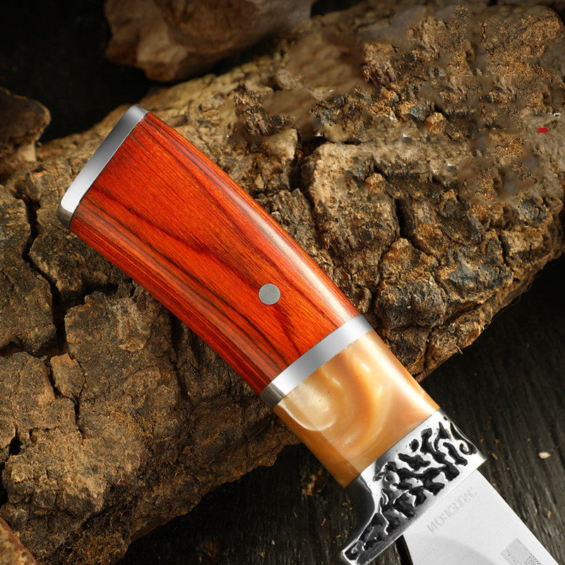 Outdoor Fixed Blade Knife with Leather Case and Wood Resin Handle