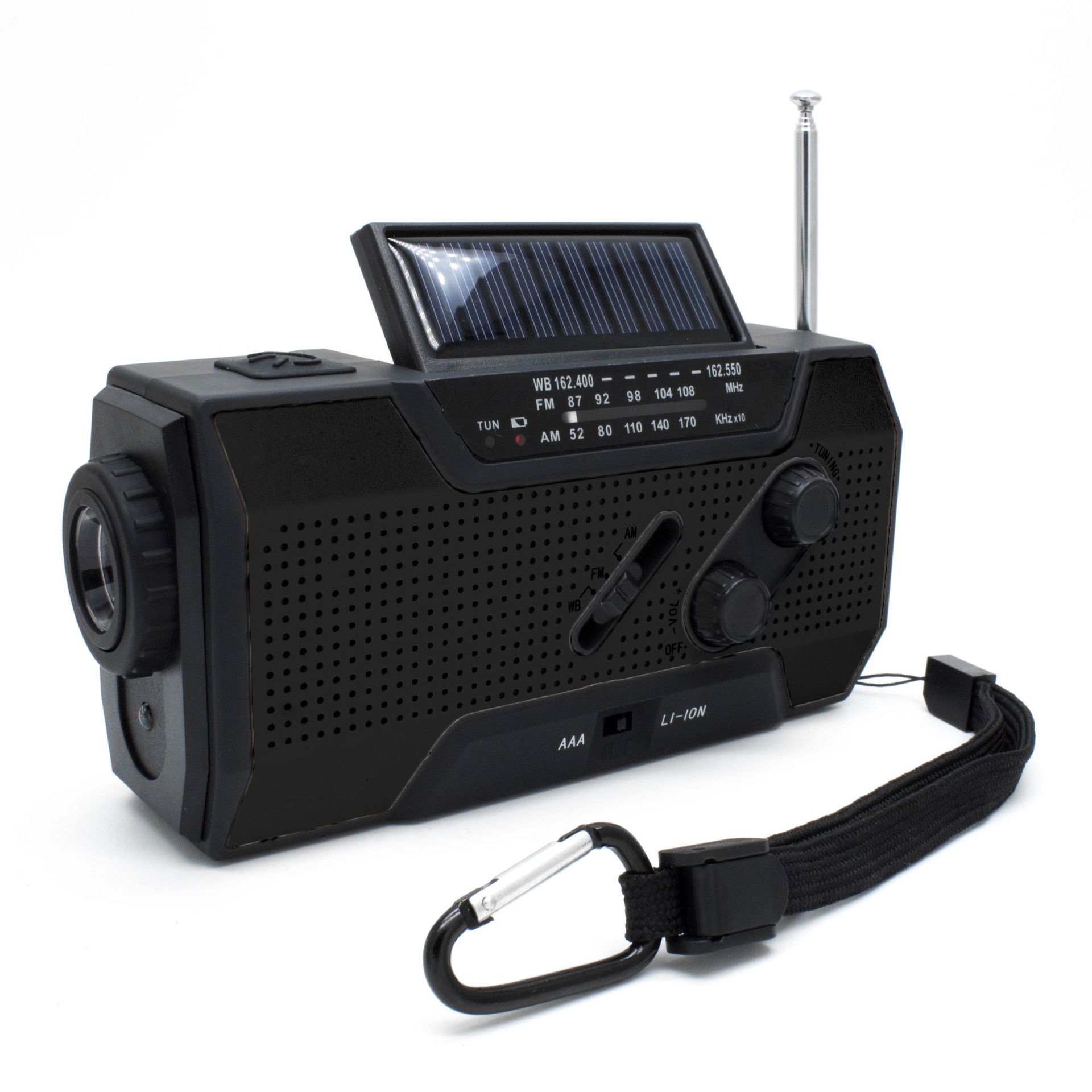 Nödradio med vev och solceller, NOAA väderfunktion, ficklampa, SOS och powerbank