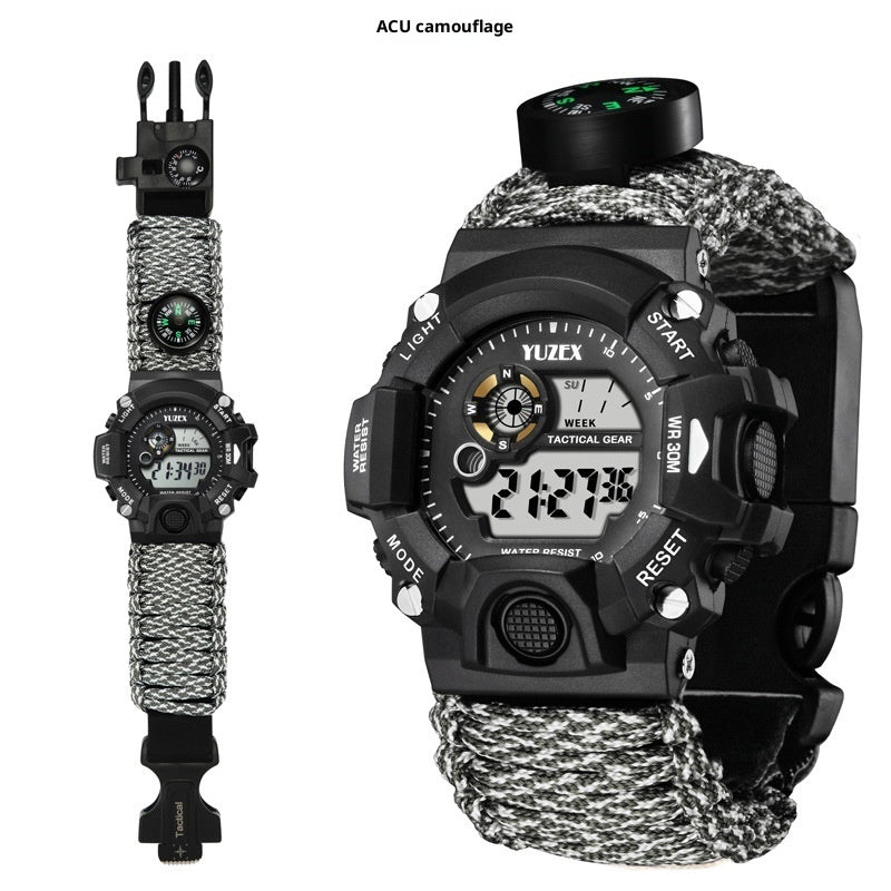 Multifunctional Survival Paracord Bracelet with Compass, Whistle, Fire Starter, and Waterproof Watch