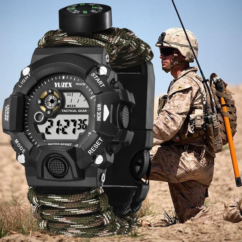 Multifunctional Survival Paracord Bracelet with Compass, Whistle, Fire Starter, and Waterproof Watch