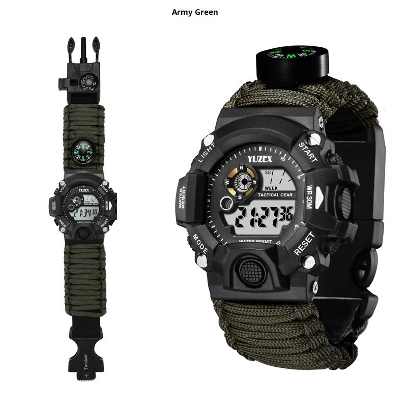 Multifunctional Survival Paracord Bracelet with Compass, Whistle, Fire Starter, and Waterproof Watch