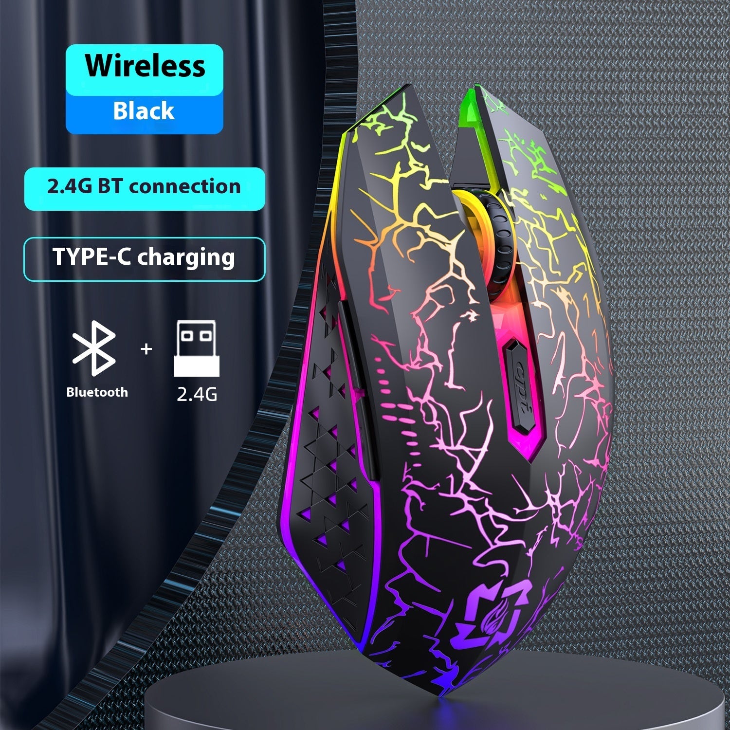 Trådlös spelmus med dubbla lägen (Bluetooth + 2,4 GHz) – Uppladdningsbar RGB-ljud med tyst klick