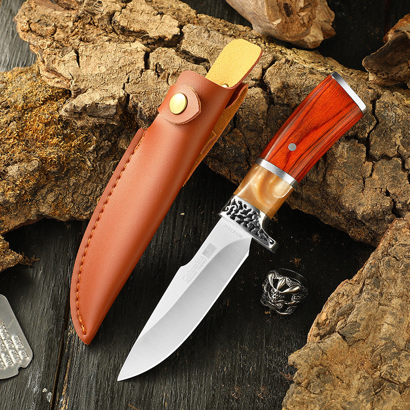 Outdoor Fixed Blade Knife with Leather Case and Wood Resin Handle