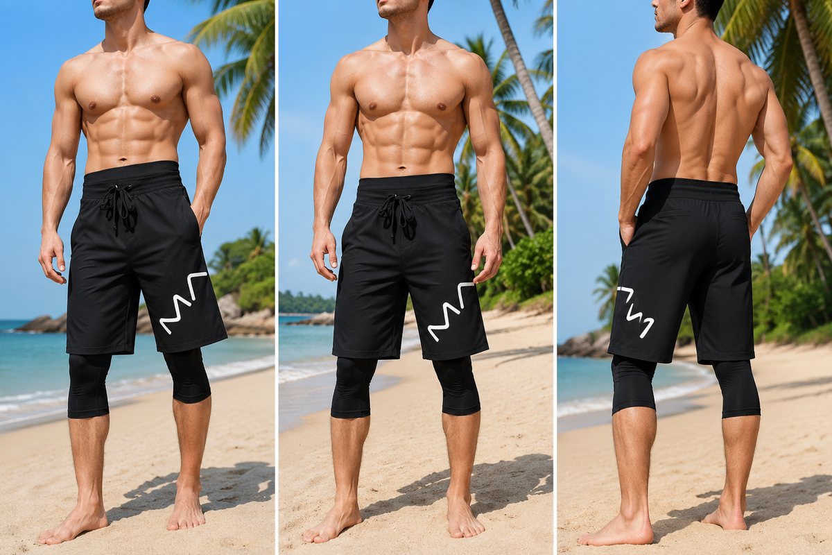 Men's black 2-in-1 modest swim shorts with built-in leggings shown from front and back