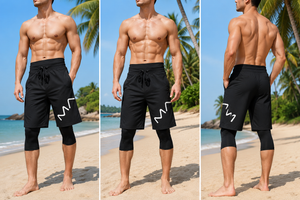 Men's black 2-in-1 modest swim shorts with built-in leggings shown from front and back