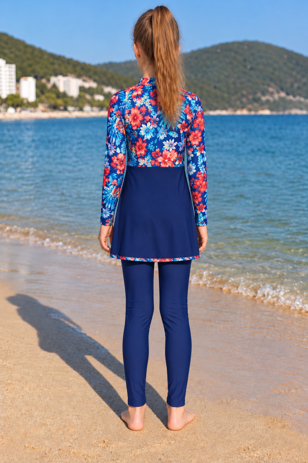 Girls’ Modest Swimwear – Long Sleeve Swim Set in Navy Floral
