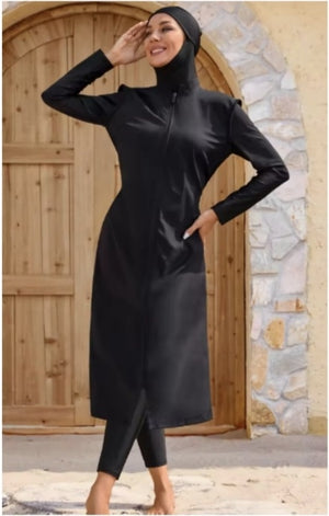 Front view of women's black full-coverage modest swimwear with hijab, long tunic and leggings