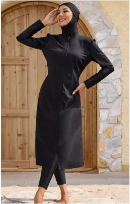 Front view of women's black full-coverage modest swimwear with hijab, long tunic and leggings
