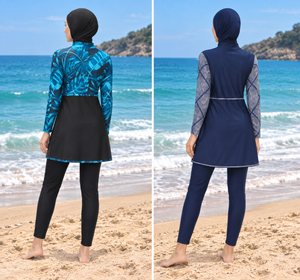 Back view of women's full-coverage burkinis in tropical blue and navy with hijab, tunic and leggings