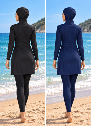 Back view of women's full-coverage burkinis in black and navy with hijab, long tunic and leggings
