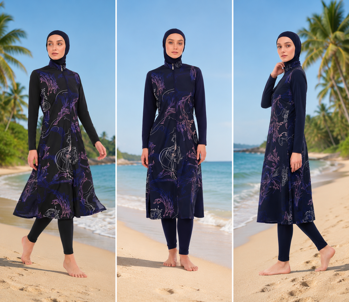 Women's navy floral full-coverage modest swimwear with hijab, long tunic and leggings shown from multiple angles