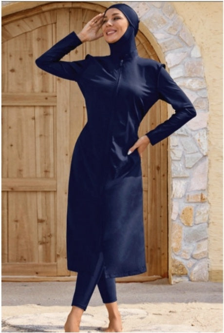 Front view of women's navy full-coverage modest swimwear with hijab, long tunic and leggings